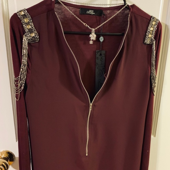 BKE Burgandy Military Embellished Zip Front Top - Picture 2 of 8